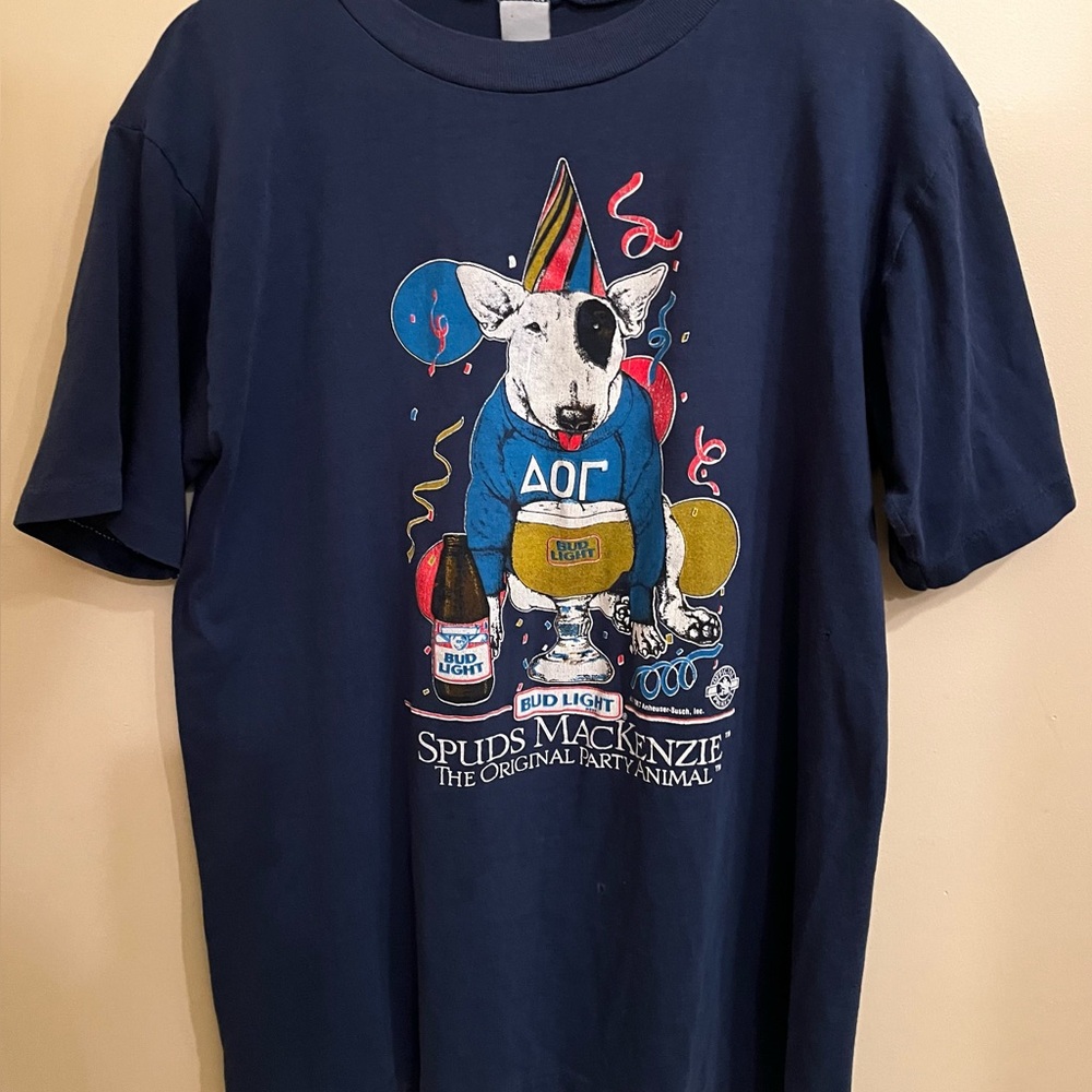 Vintage Bud Light navy blue tshirt featuring Spud, adult medium, smoke free
